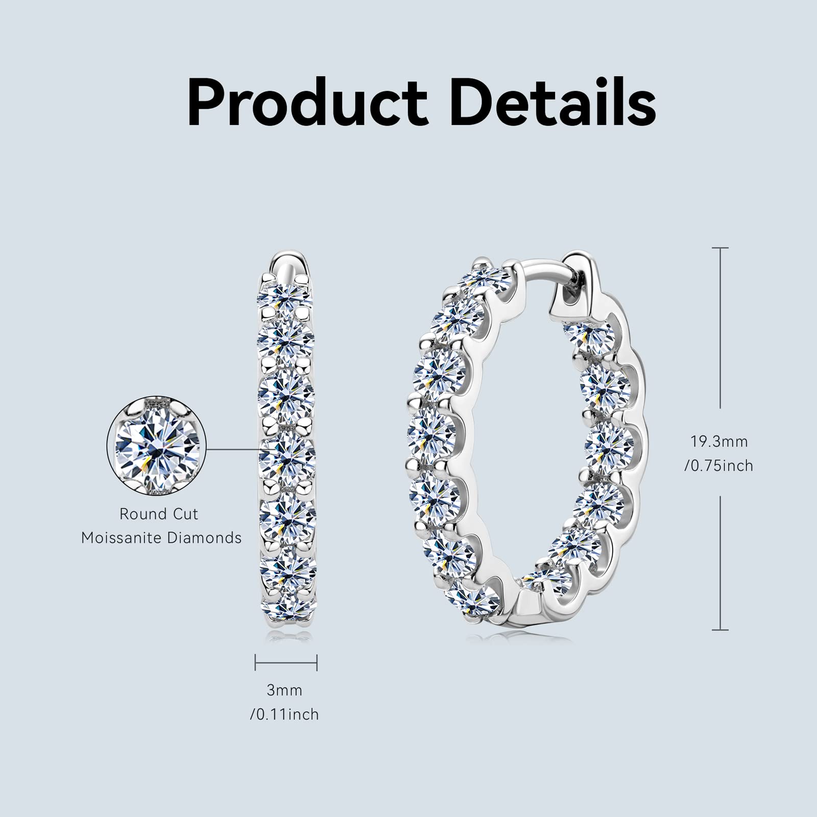 Moissanite Hoop Earrings for Women, 925 Sterling Silver D-E Color VVS1 Lab-Created Diamond Huggie Earrings, 18K White Gold Plated Small Hoop Earring Hypoallergenic Jewelry Gifts