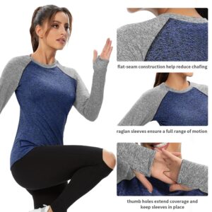 Fleece Lined Shirt for Women Long Sleeve Running Shirts with Thumb Holes（Navy-Grey,Medium