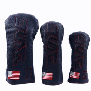 ROYMADE Golf Club Covers Set USA Design Driver Fairway Woods Hybrid 1 3 5 UT 4pcs Covers Set Leather Golf Head Covers for Golf Clubs (USA Black+black(DR+FW+UT 4pcs))