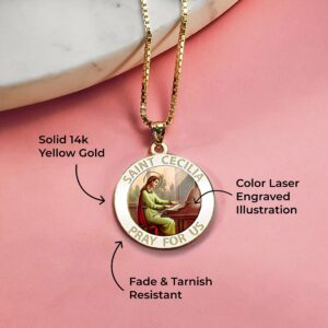 PicturesOnGold.com Saint Cecilia Round Religious Medal - 14k Yellow Gold - 2/3 x 2/3 Inch Size of Dime