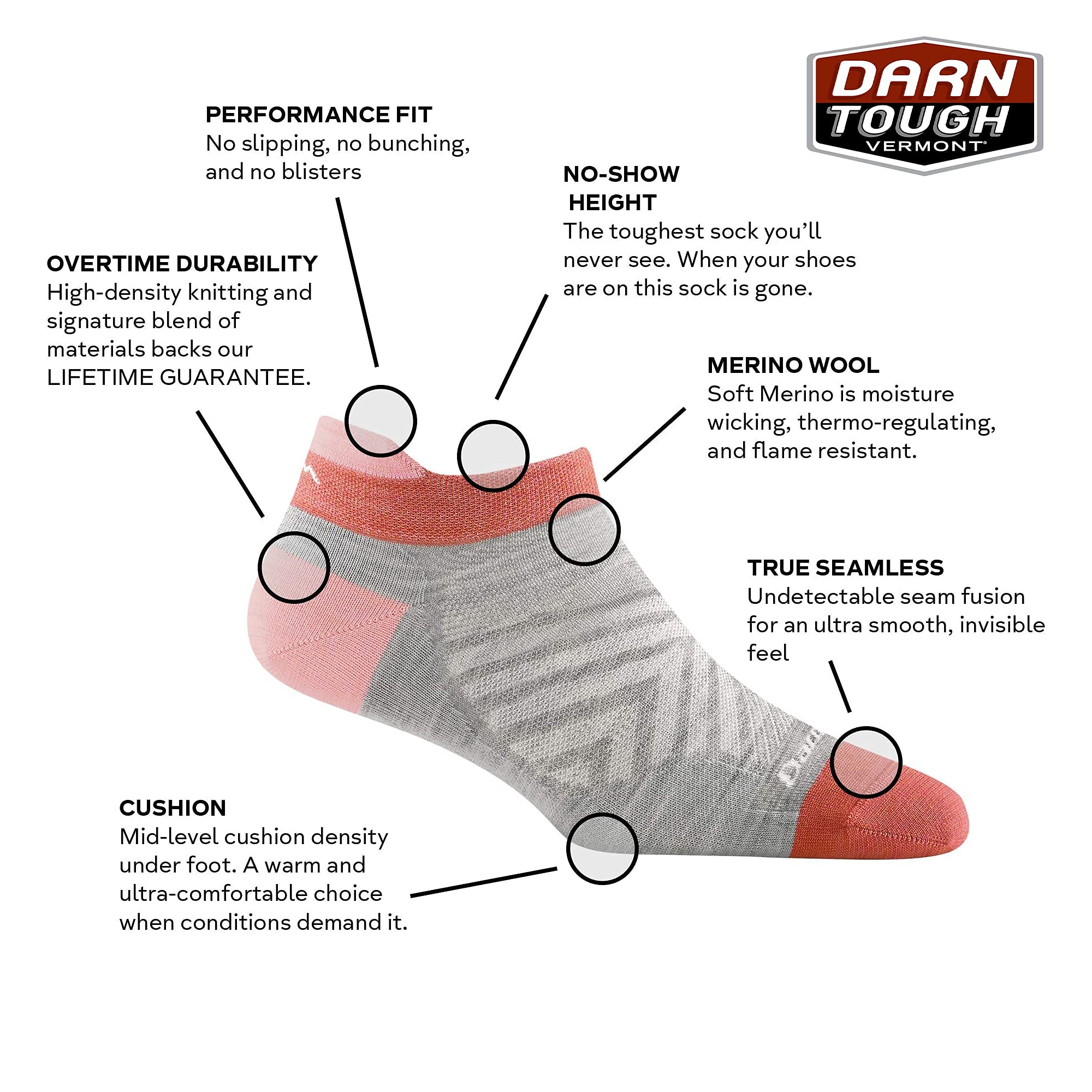 Darn Tough Women's Run No Show Tab Ultra-Lightweight Sock (Style 1043) - Coral, Small