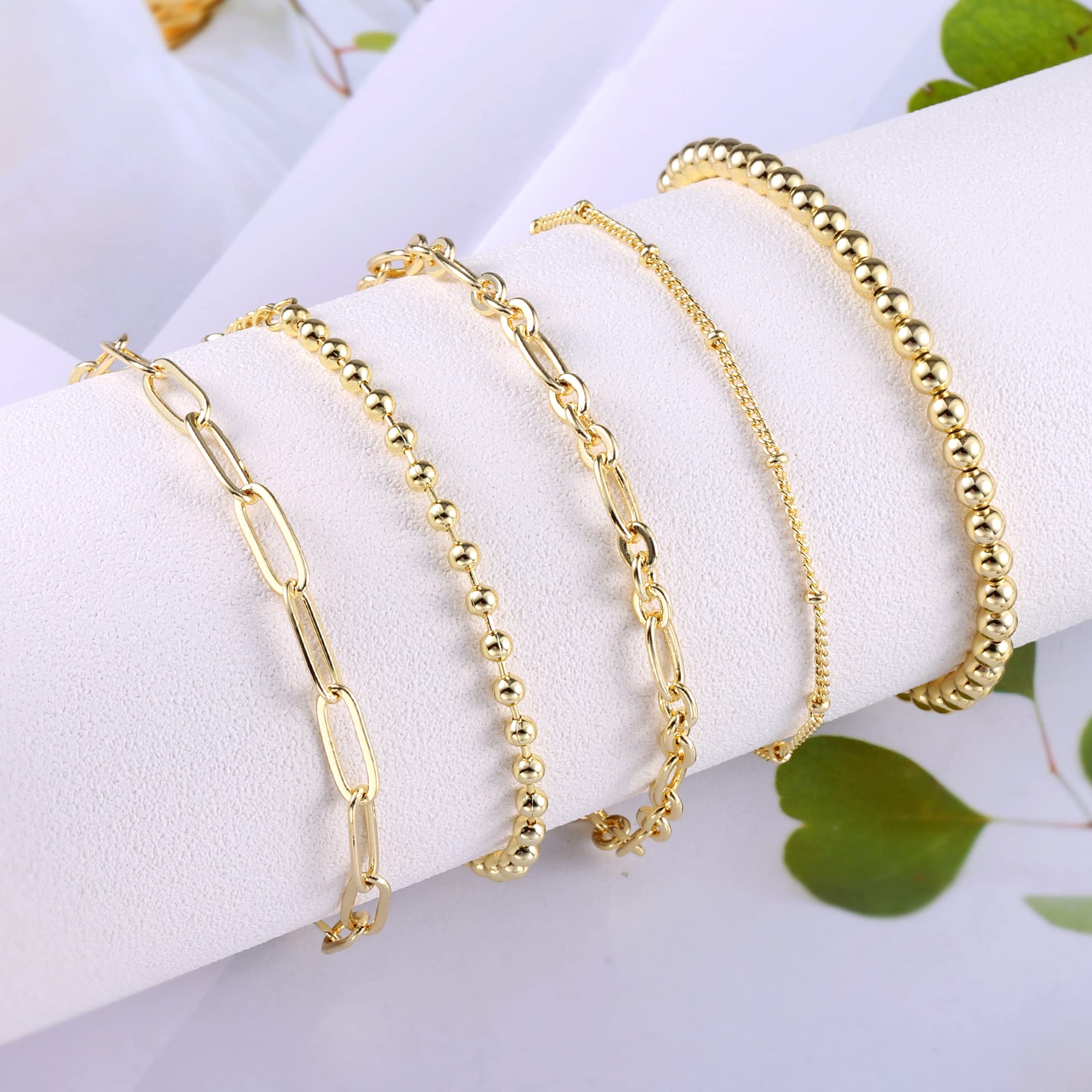 Gold Bracelets for Women Dainty Gold Bracelets Stack Set for Women Trendy 14K Gold Chain Paperclip Link Bead Bracelet Stackable Layered Bracelet Fashion Jewelry