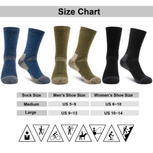 Time May Tell Mens and womens Merino Wool Hiking Cushioning Socks For Outdoor Wool-Socks-For-Men 3 Pack (Black/Green/Blue(3 Pairs) US Size 5~9