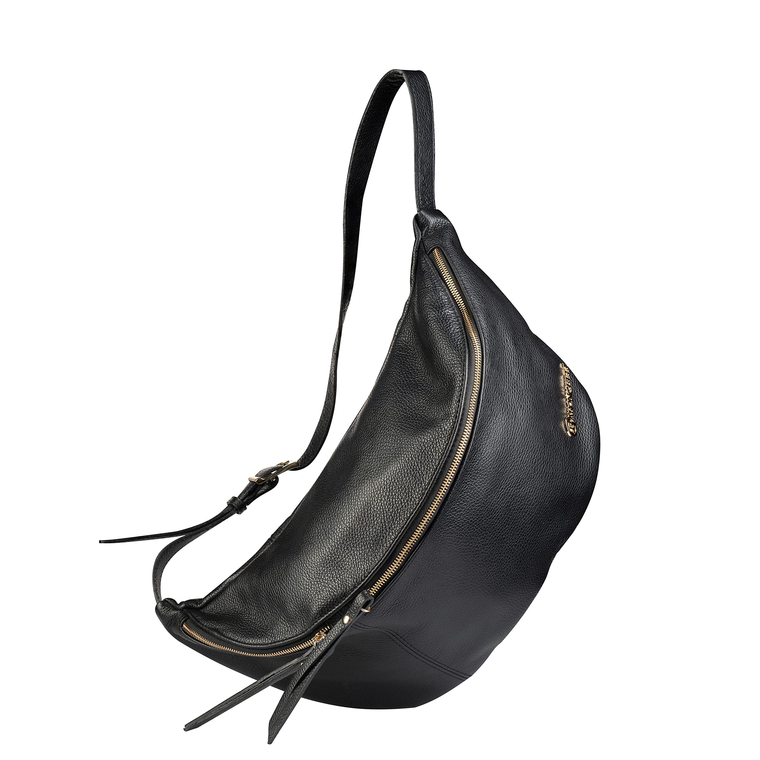 Baroncelli Leather Sling Bag Big Size Genuine Italian Leather Designed and Made in Italy (Black)