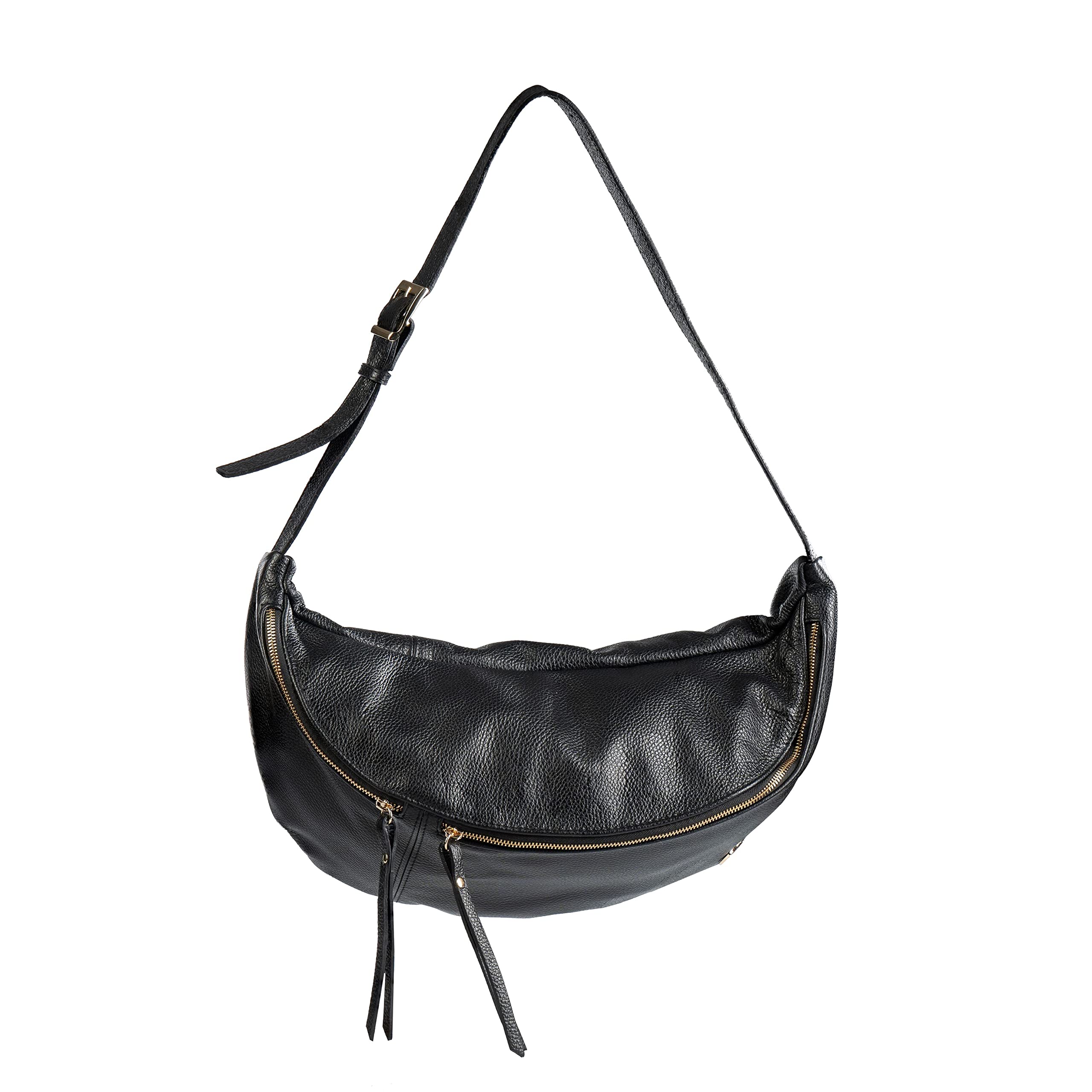 Baroncelli Leather Sling Bag Big Size Genuine Italian Leather Designed and Made in Italy (Black)