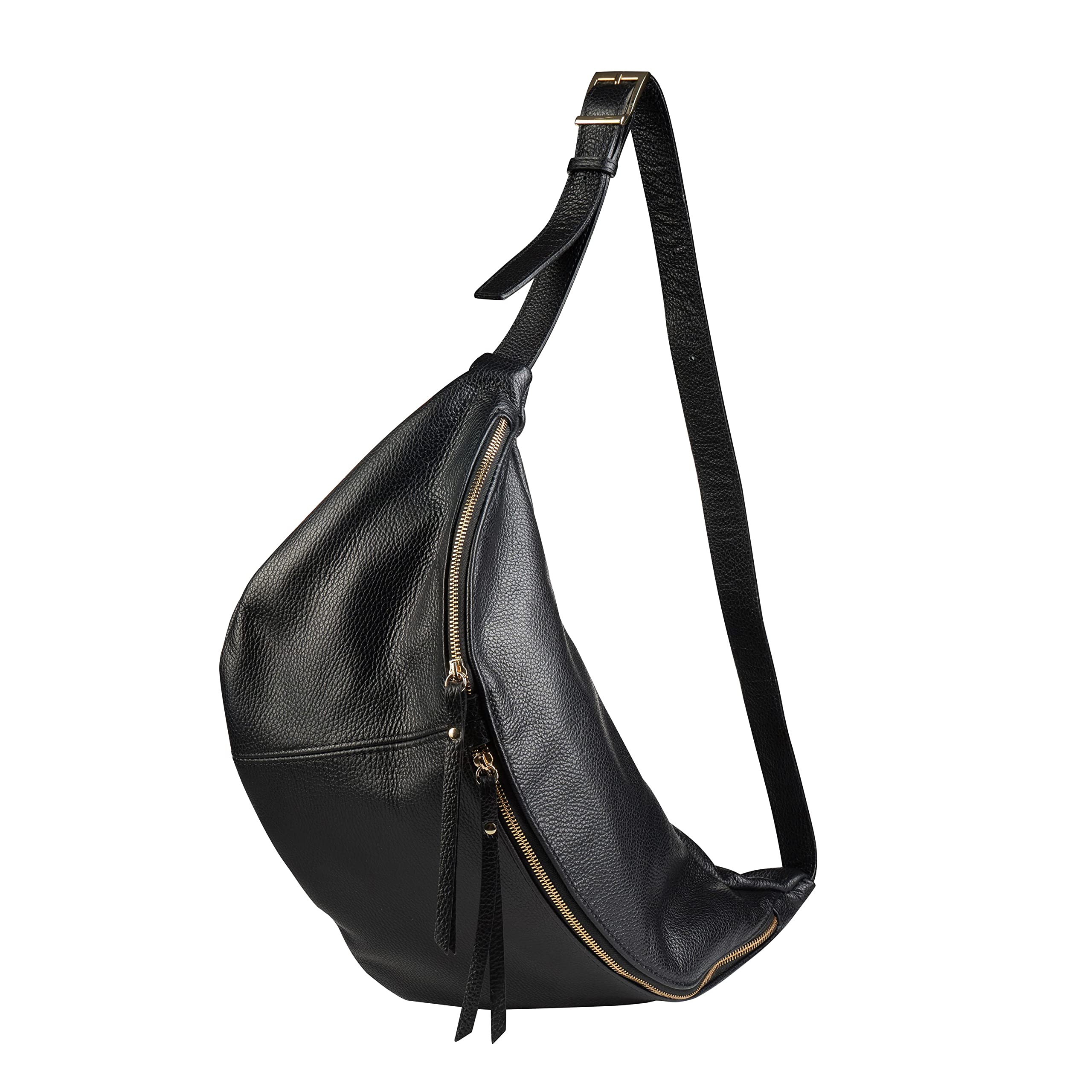 Baroncelli Leather Sling Bag Big Size Genuine Italian Leather Designed and Made in Italy (Black)