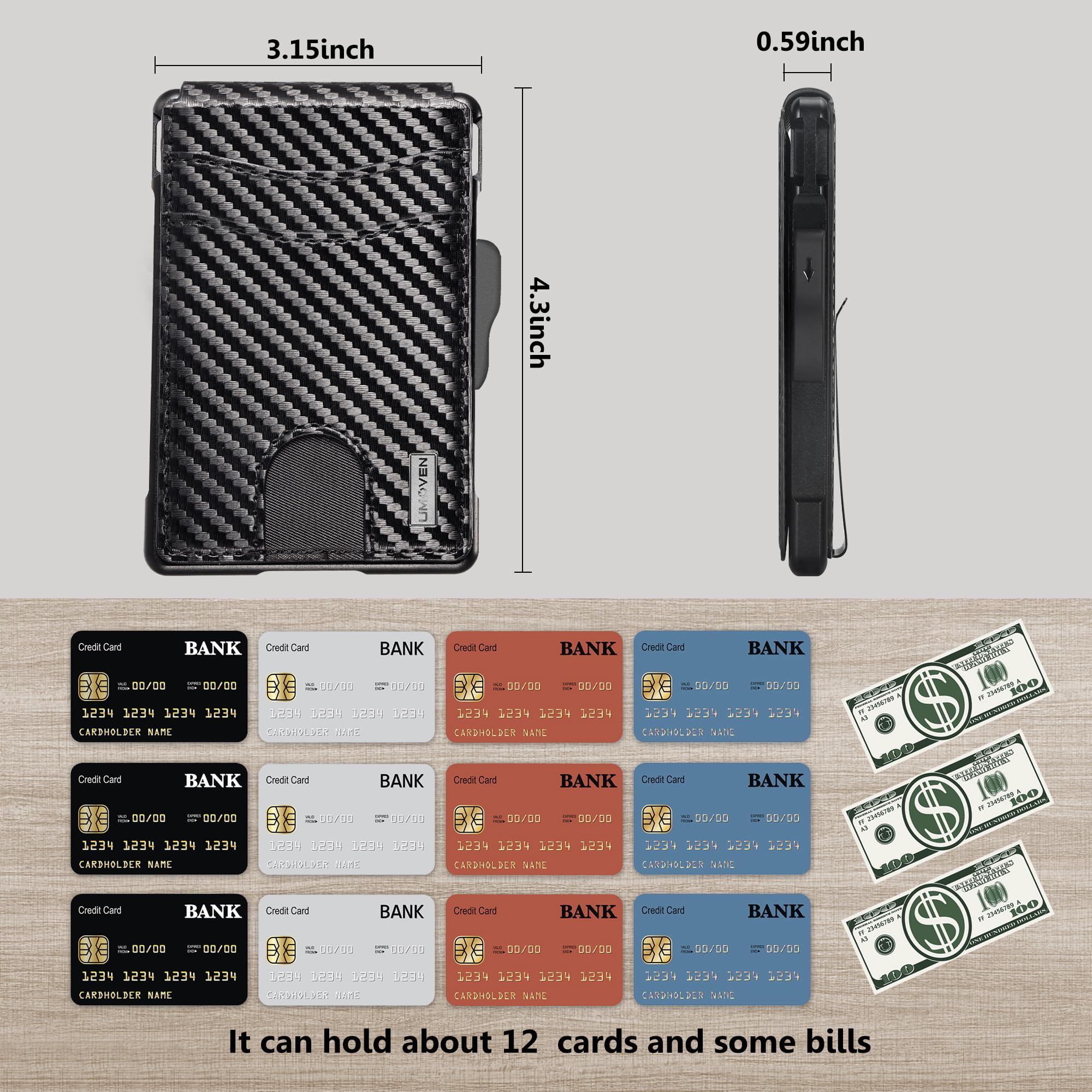 umoven Wallet for Men - with Money Clip Slim Leather Slots Credit Card Holder RFID Blocking Bifold Minimalist Wallet