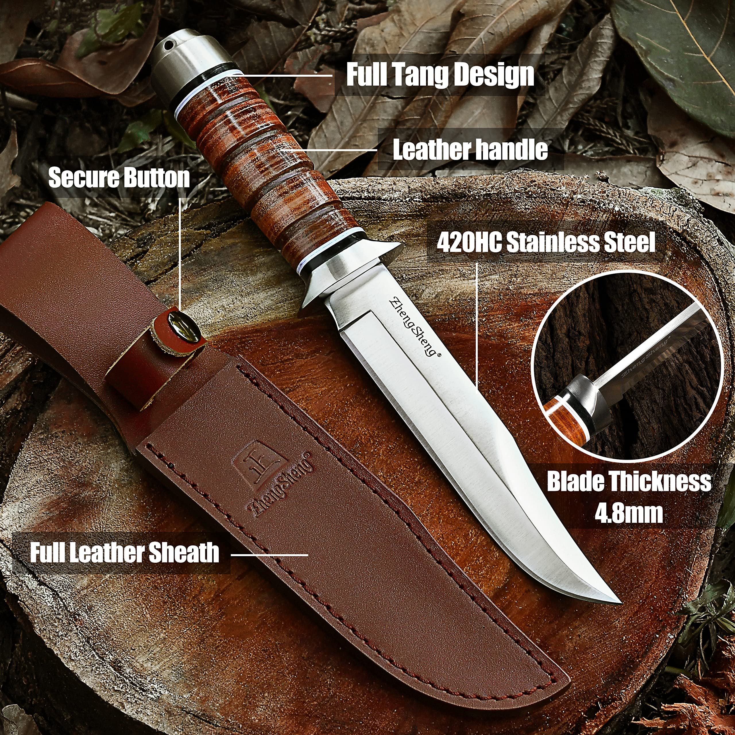 ZhengSheng 6.4 inches Fixed Blade Hunting Knife Genuine Leather Handle Bowie Knife with Leather Sheath Straight Edge Knife for Camping, Hiking, Survival