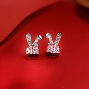 SLUYNZ 925 Sterling Silver Rabbit Earrings Studs for Women CZ Bunny Studs Earrings Easter Earrings Pink Crystal Earrings