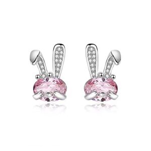 SLUYNZ 925 Sterling Silver Rabbit Earrings Studs for Women CZ Bunny Studs Earrings Easter Earrings Pink Crystal Earrings