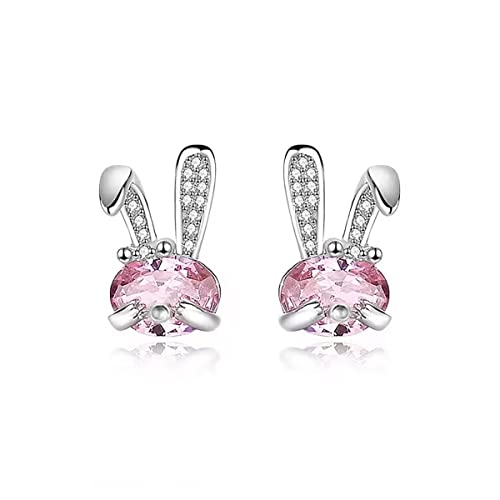 SLUYNZ 925 Sterling Silver Rabbit Earrings Studs for Women CZ Bunny Studs Earrings Easter Earrings Pink Crystal Earrings