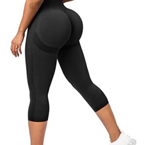 CFR Womens High Waist Leggings Workout Butt Lifting Capris Leggings Booty Scrunch Butt Cropped Yoga Pants #0 Black M