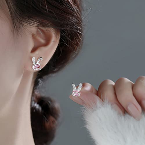 SLUYNZ 925 Sterling Silver Rabbit Earrings Studs for Women CZ Bunny Studs Earrings Easter Earrings Pink Crystal Earrings