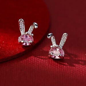 SLUYNZ 925 Sterling Silver Rabbit Earrings Studs for Women CZ Bunny Studs Earrings Easter Earrings Pink Crystal Earrings