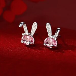 SLUYNZ 925 Sterling Silver Rabbit Earrings Studs for Women CZ Bunny Studs Earrings Easter Earrings Pink Crystal Earrings