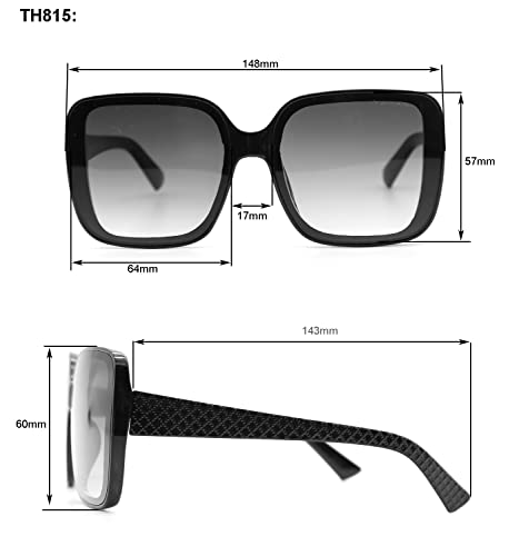 TAHARI TH815 Retro Oversized 100% UV Protective Women's Square Sunglasses. Elegant Gifts for Her, 64 mm, Black