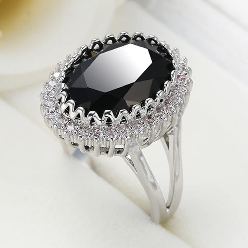 SUKKCCNO S925 Silver Women's Ring Shiny Black Diamond Ring AAA Cubic Zirconia Ring Oval Cut Cubic Zircon Wedding Ring