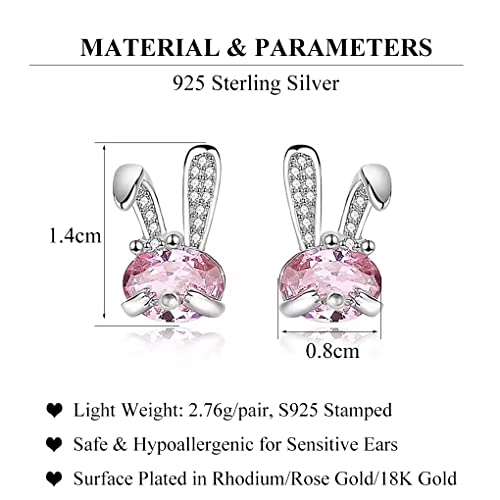 SLUYNZ 925 Sterling Silver Rabbit Earrings Studs for Women CZ Bunny Studs Earrings Easter Earrings Pink Crystal Earrings