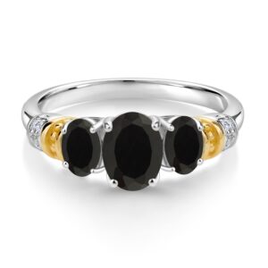 Gem Stone King 925 Sterling Silver and 10K Yellow Gold Oval Black Onyx and White Diamond 3 Stone Ring For Women (2.43 Cttw, Gemstone December Birthstone, Available In Size 5, 6, 7, 8, 9)