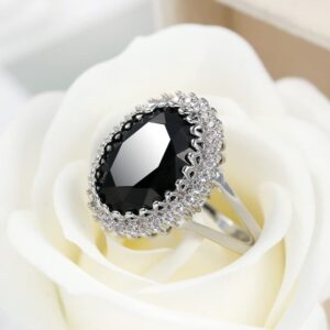 SUKKCCNO S925 Silver Women's Ring Shiny Black Diamond Ring AAA Cubic Zirconia Ring Oval Cut Cubic Zircon Wedding Ring