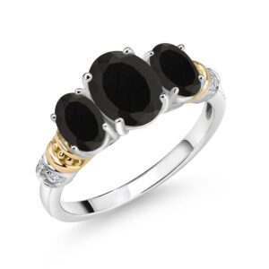 Gem Stone King 925 Sterling Silver and 10K Yellow Gold Oval Black Onyx and White Diamond 3 Stone Ring For Women (2.43 Cttw, Gemstone December Birthstone, Available In Size 5, 6, 7, 8, 9)