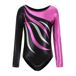 AFAVOM Leotard for Girls Gymnastics, Long Sleeve Leotards for Girls Shiny Sparkle Diamond Gymnastics Unitards Toddler Ballet Dance Leotard Athletic Dancewear Ballerina Costume Hot Pink 6-7 Years