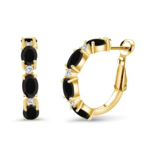 gem stone king 18k yellow gold plated silver black onyx and white lab grown diamond hoop earrings for women (3.43 cttw gemstone birthstone, oval 6x4mm and round 2mm)