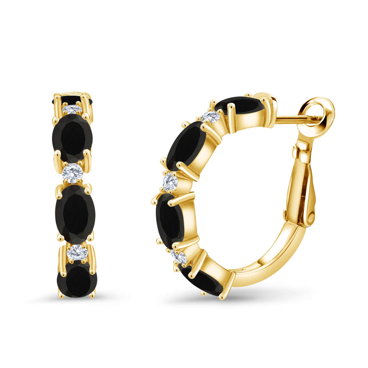 Gem Stone King 18K Yellow Gold Plated Silver Black Onyx and White Lab Grown Diamond Hoop Earrings For Women (3.43 Cttw Gemstone Birthstone, Oval 6X4MM and Round 2MM)