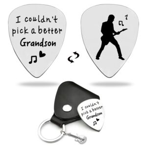 LRUIOMVE Gifts for Grandson Funny Stainless Steel Guitar Picks with Cowhide Leather Case - I Couldn't Pick a Better Grandson, for Grandson Musician Guitar Player Family Birthday Christmas Gift