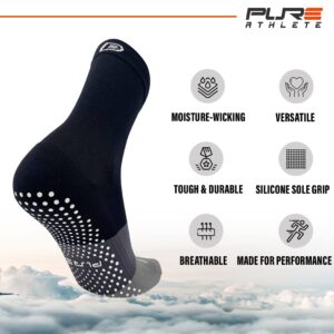 Pure Athlete Grip Socks Soccer - Non Slip Black Sticky Gripper Crew Sock for Men (Large, 3 Pairs - Black-Grey)