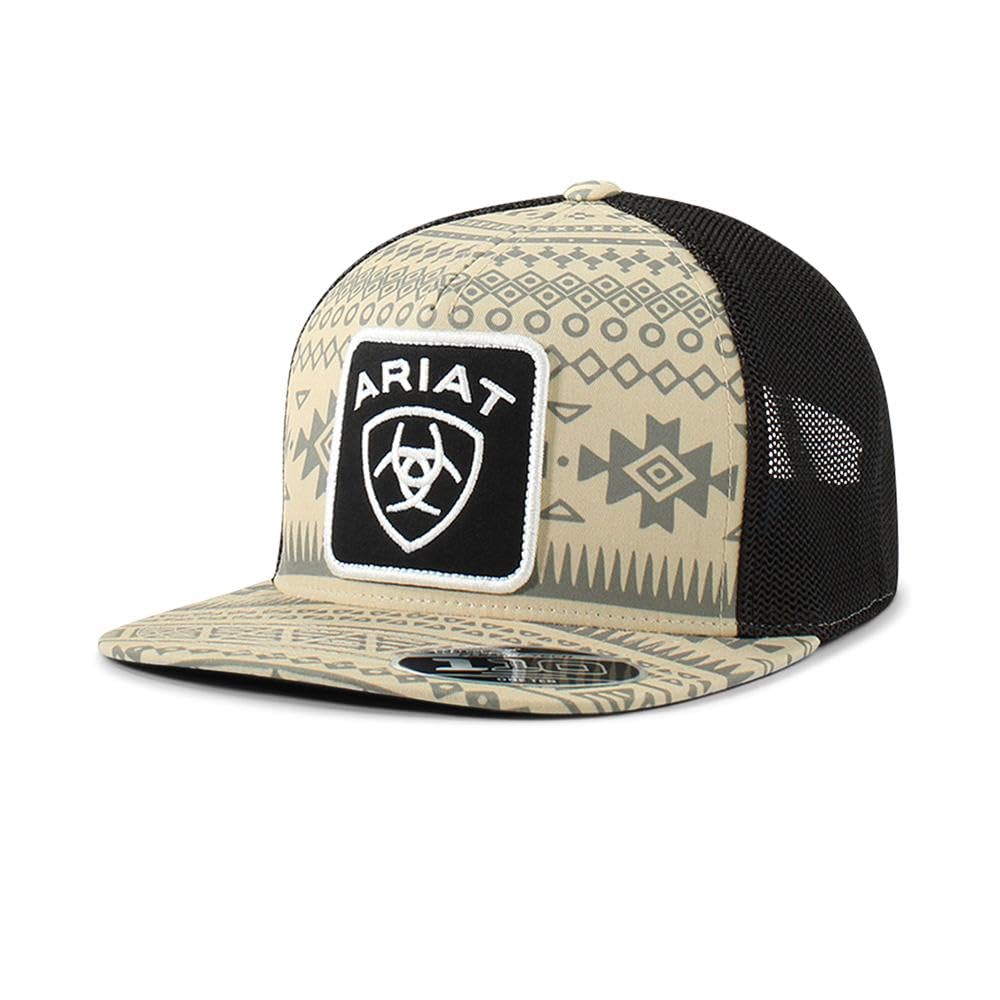 ARIAT Men's Flexfit 110 Cap,Tan with Aztec Pattern, Black & White Logo Patch, Black Mesh Back, Snapback