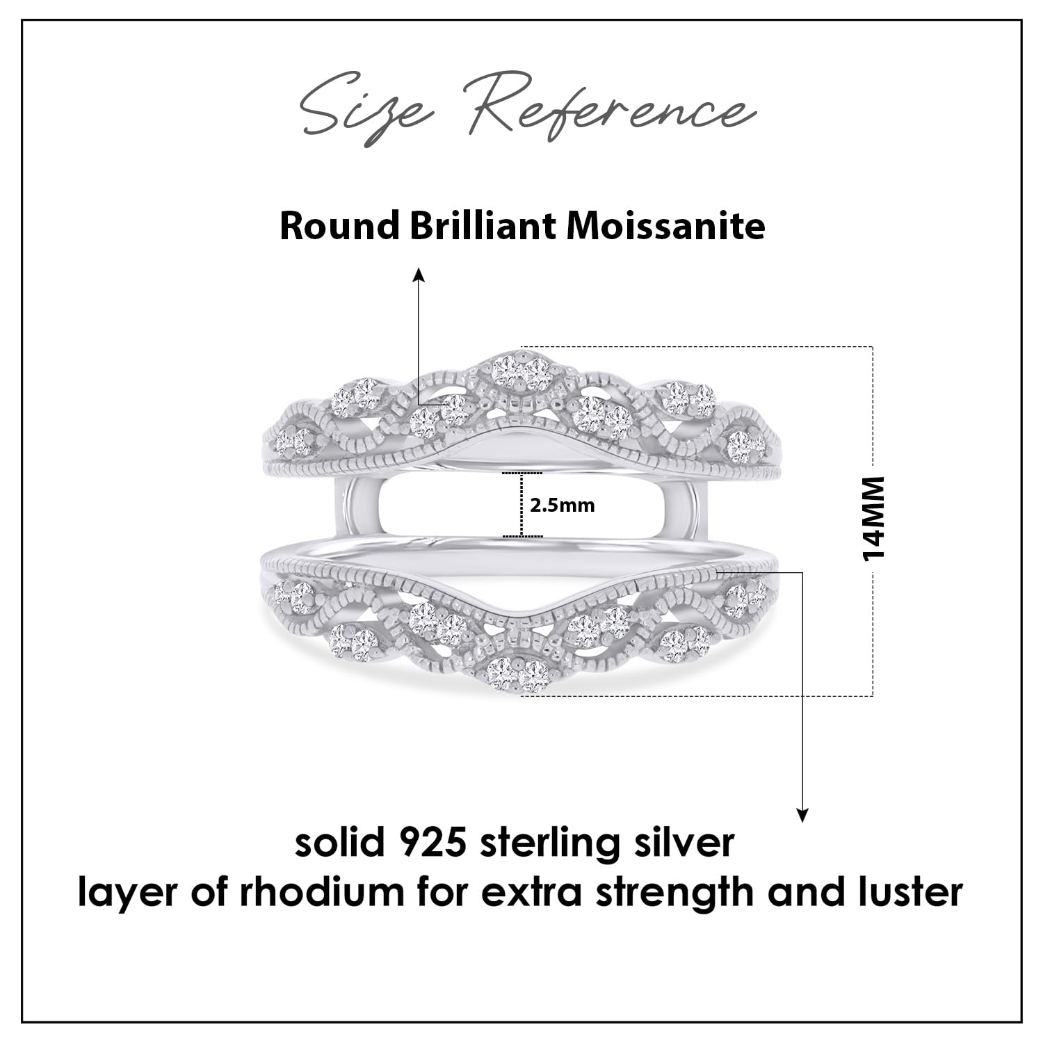 Wishrocks 1/5 Carat Round Moissanite Diamond Vintage Style Ring Guard Solitaire Enhancer Wrap for Women 14k White Gold Over 925 Sterling Silver (0.20 Cttw, Clarity-VVS1) Gift Jewelry -5.5