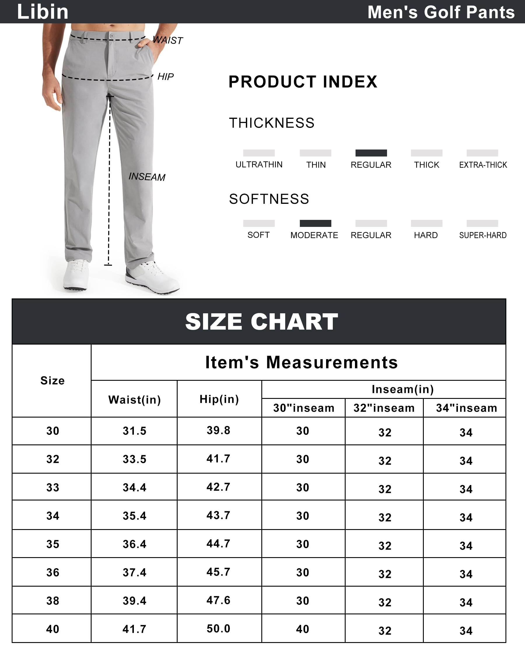 Libin Mens Golf Pants Stretch Work Dress Pants 30" Quick Dry Lightweight Business Casual Pants for Men Comfy Water Resistant, Light Grey, 40W x 30L