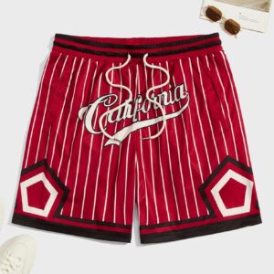 GORGLITTER Men's Striped Letter Graphic Drawstring Waist Shorts with Pockets Burgundy Medium