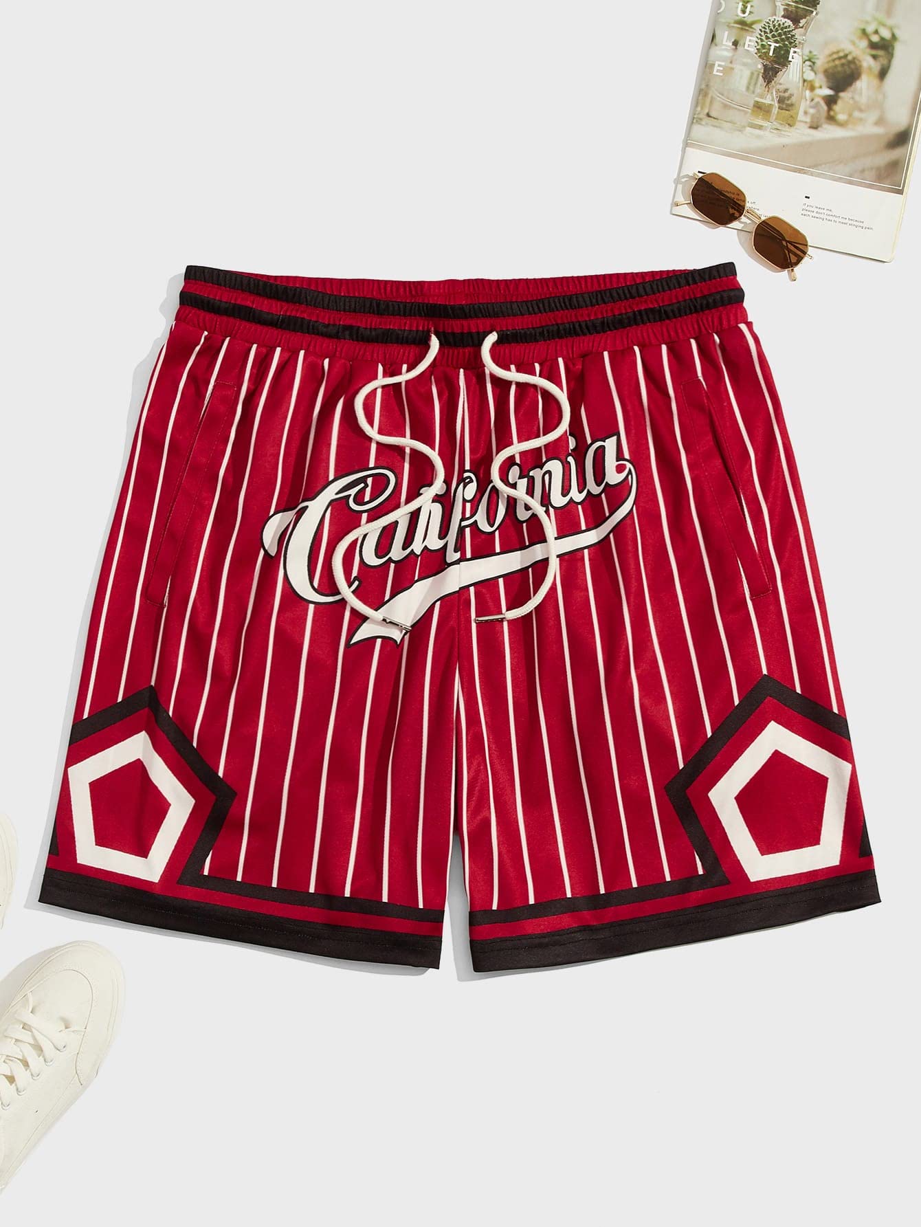 GORGLITTER Men's Striped Letter Graphic Drawstring Waist Shorts with Pockets Burgundy Medium