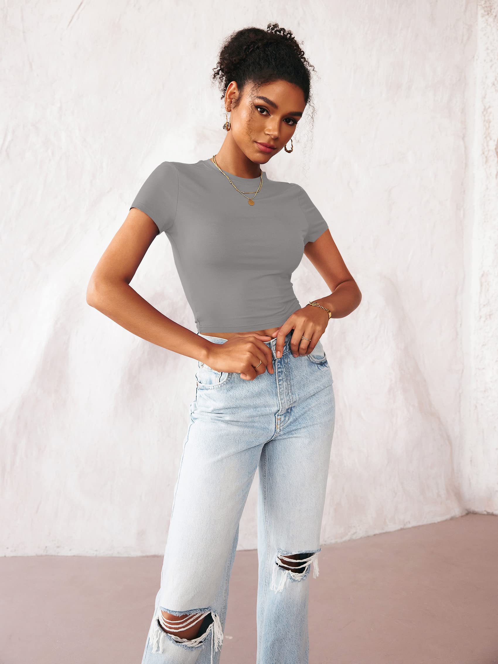 TECREW Women Cute Short Sleeve Round Neck Stretchy Athletic Gym T Shirts Crop Tops Tees, Grey, Medium