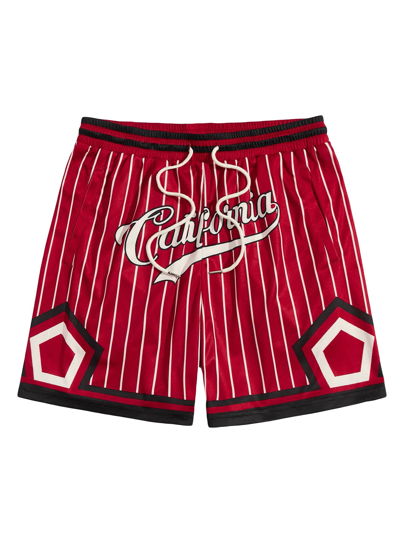 GORGLITTER Men's Striped Letter Graphic Drawstring Waist Shorts with Pockets Burgundy Medium