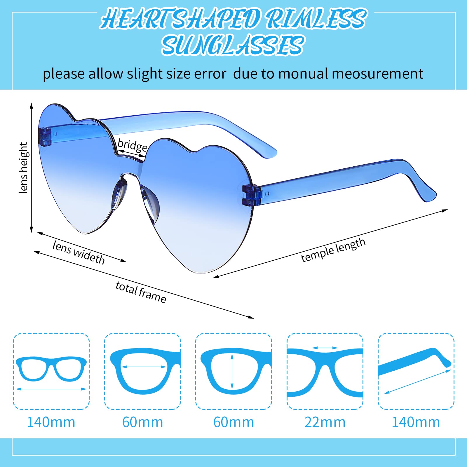 Yexiya 16 Pairs Heart Shape Rimless Valentines Sunglasses Transparent Love Fun Sunglasses Party Accessories for Women, Candy Color (Blue White Gradient)