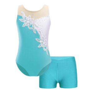 Linjinx Kids Girls Rhinestone Floral Gymnastics Dance 2 Piece Outfits Sleeveless Leotards with Athletic Shorts Sets Tracksuit Blue Green 6 Years