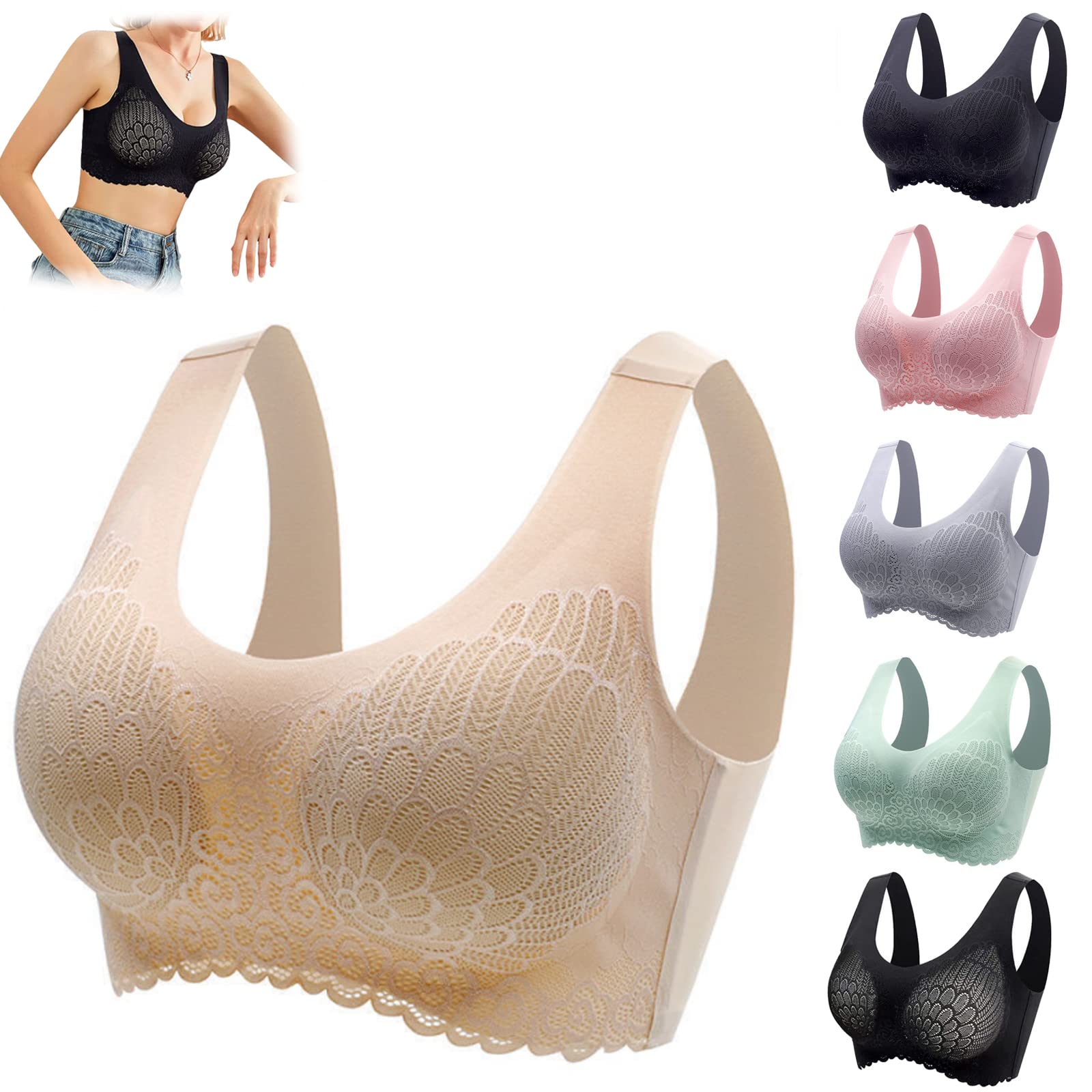 Terminaten Bombshell Push Up Comfort Bra,Deep Cup Bra,Shock-Proof Latex Pad Lace Sports Yoga Running Bra (Skin color, M)