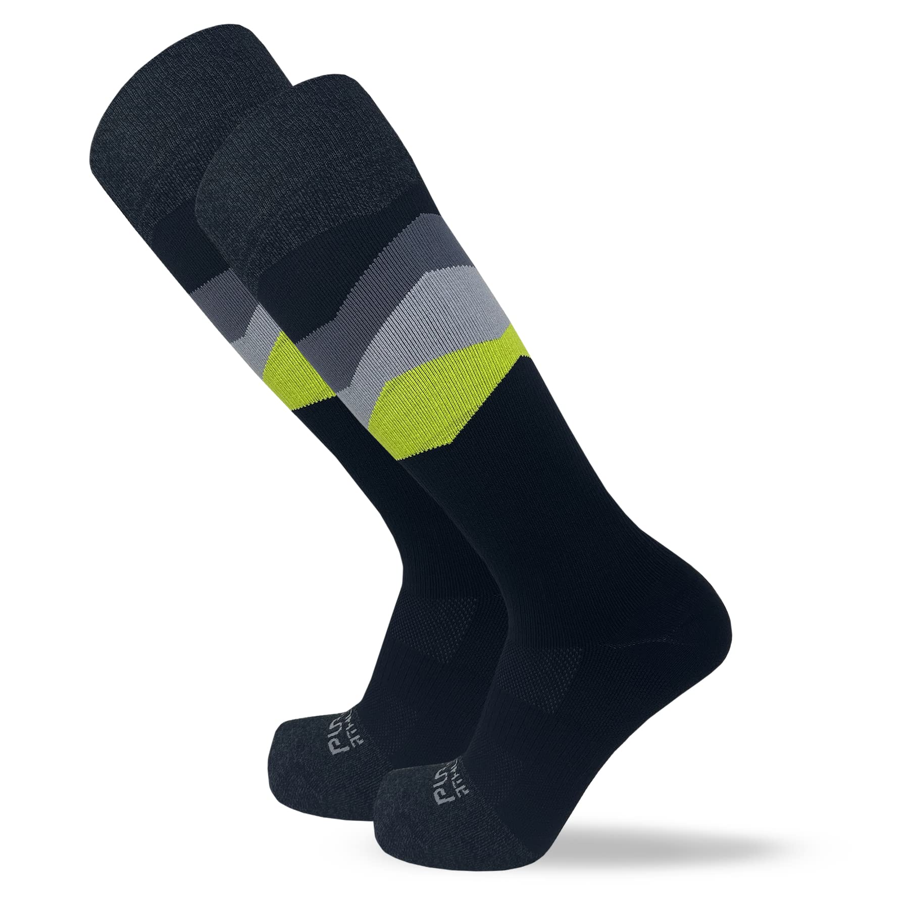 Pure Athlete Eco Friendly Winter Ski Socks - Sustainable Cold Weather Hiking Snowboard Socks (L, 2 Pairs - Black/Grey/Neon Green)