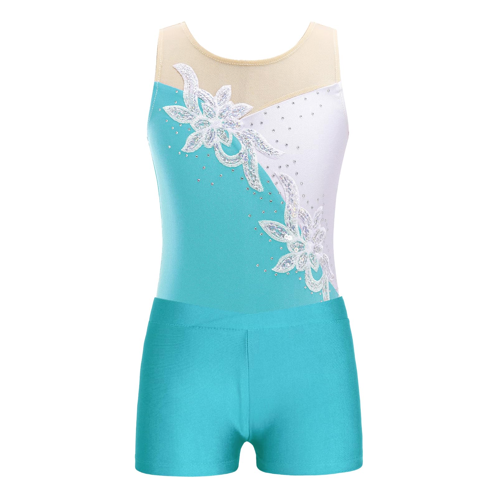 Linjinx Kids Girls Rhinestone Floral Gymnastics Dance 2 Piece Outfits Sleeveless Leotards with Athletic Shorts Sets Tracksuit Blue Green 6 Years