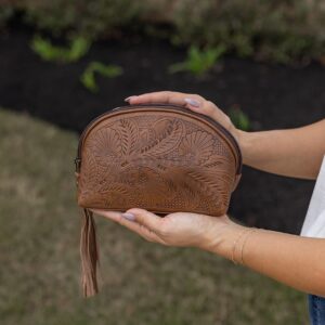 Womens Cosmetic Case, Leather makeup case, handtooled, toiletry and travel bag, zipper close, lined, tassel