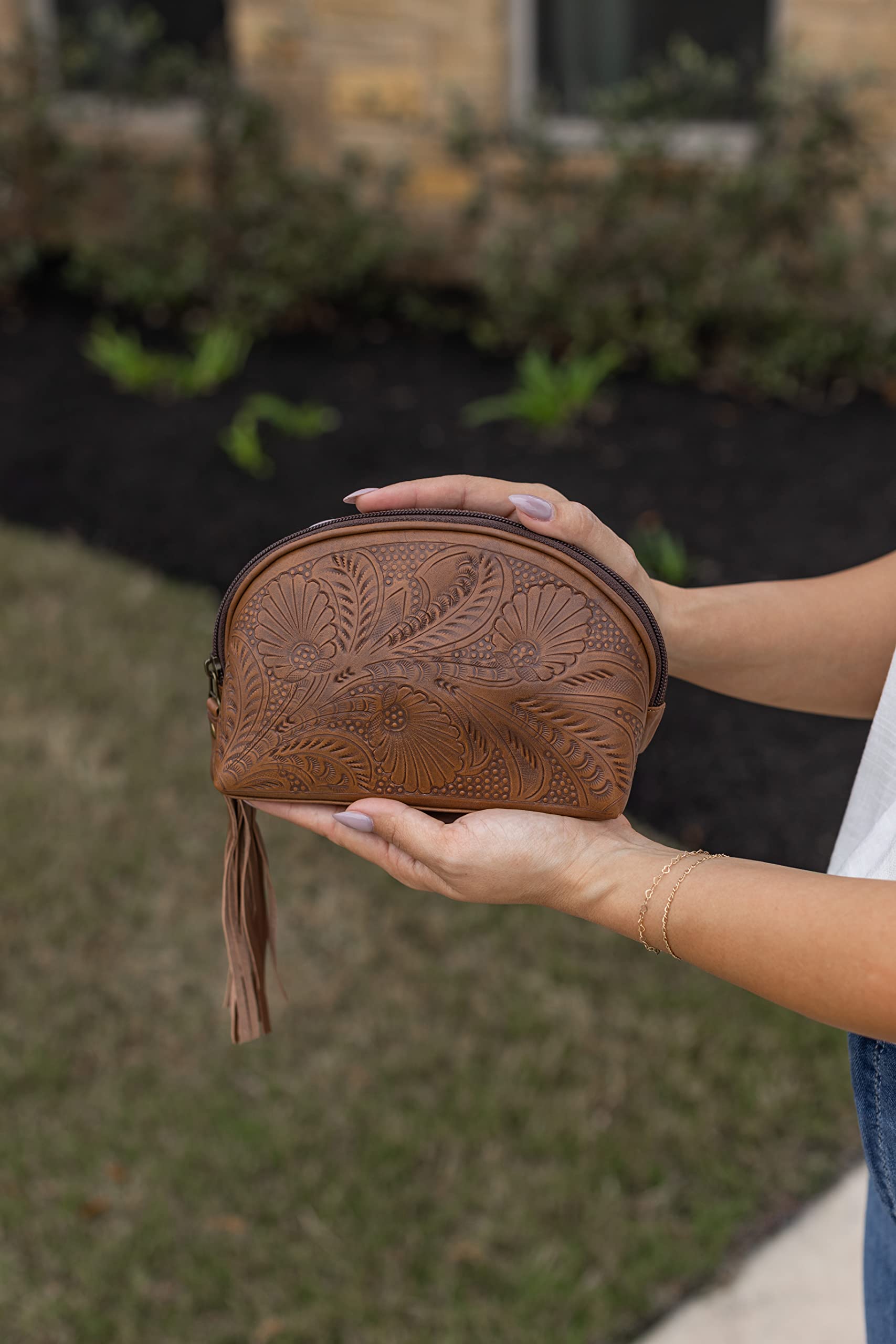 Womens Cosmetic Case, Leather makeup case, handtooled, toiletry and travel bag, zipper close, lined, tassel