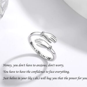 ZOEXUE Inspirational Jewelry Hand Rings: Sterling Silver Hug Rings for Women Adjustable Open Stacking Hugging Ring Believe In You Like I Do - Personality Encouragement Jewelry Gifts for Women Ladies