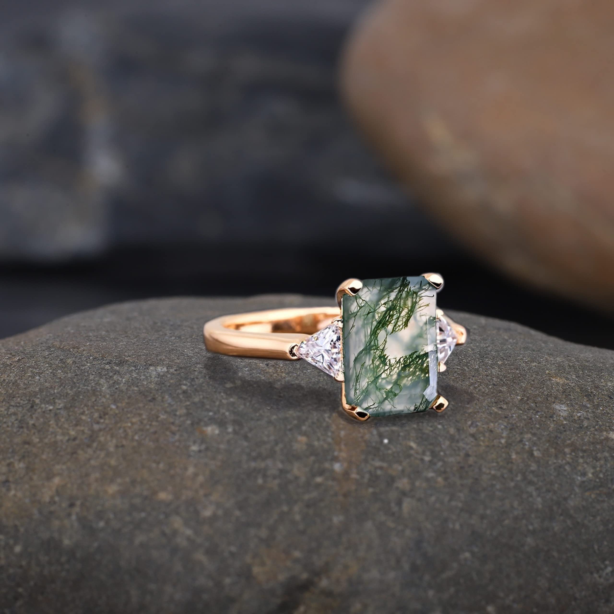 Emerald Cut Green Moss Agate Women's Wedding Ring Delicate Bridal Ring Unique Style Ring Birthday Gift For Her Unique Style Ring Gift For Wife BY KANISHKA GEMS JEWELS