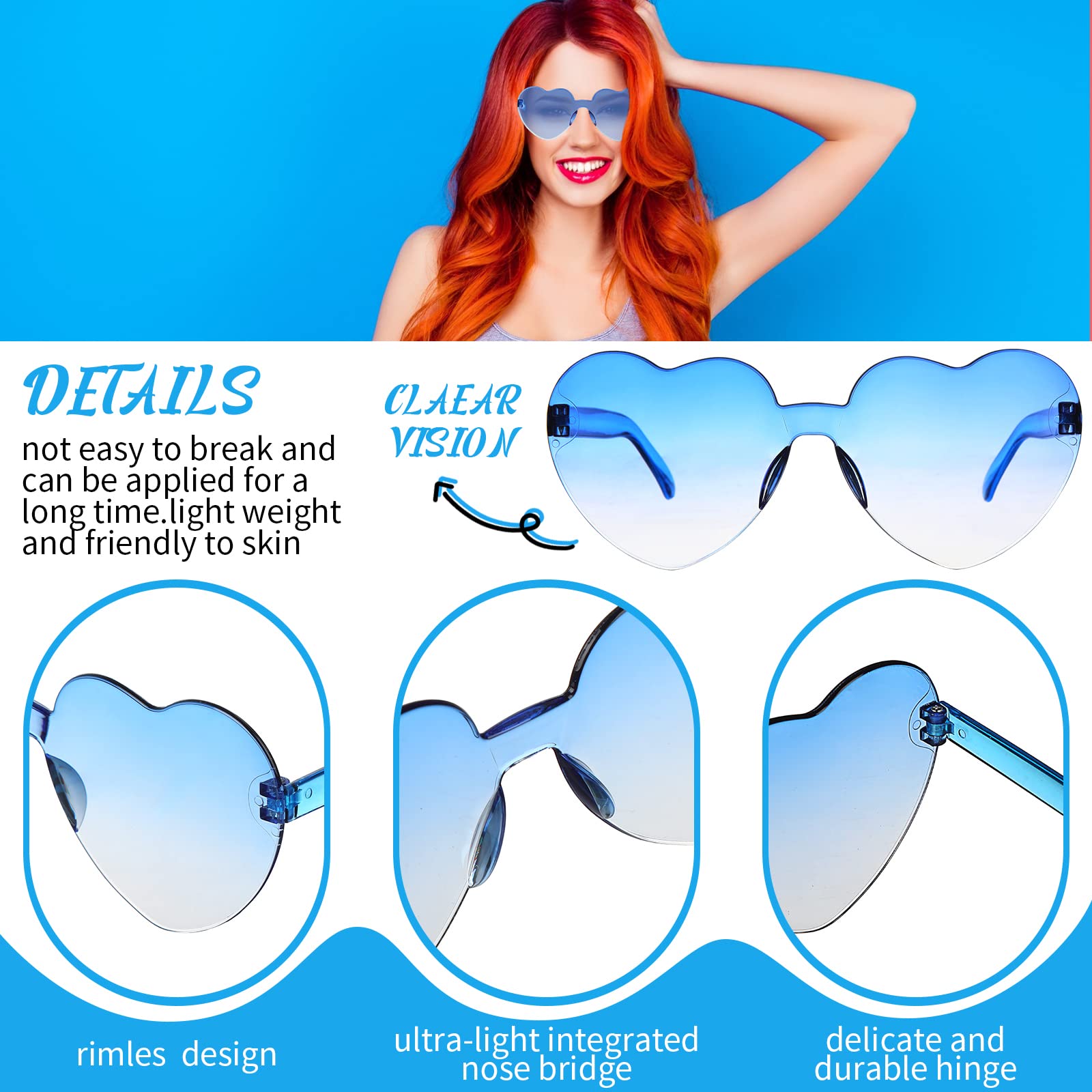 Yexiya 16 Pairs Heart Shape Rimless Valentines Sunglasses Transparent Love Fun Sunglasses Party Accessories for Women, Candy Color (Blue White Gradient)