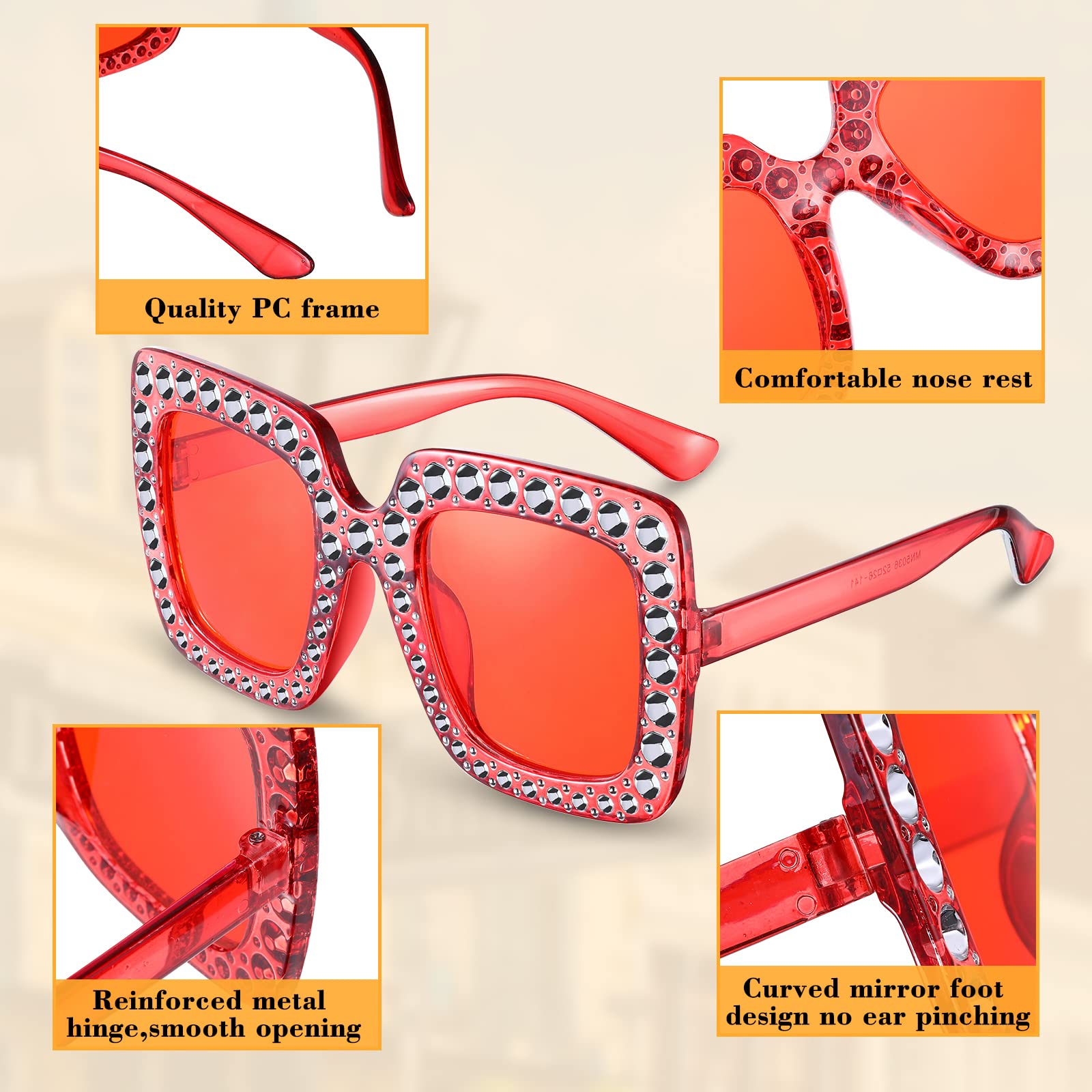 Chuangdi 24 Pairs Women Disco 70s Rhinestone Crystal Sunglasses Bulk 5.7 x 1.8 Large Square Sparkling Sunglasses Thick Frame Diamond Bling Bling Shape Sequins Glass Colorful Retro Party Supplies