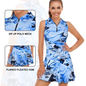 Misyula Tennis Dresses for Women,Athletic Dress with Shorts 2Pockets Zip Up Polo Sleeveless Golf Workout Dress Multi-Blue Medium