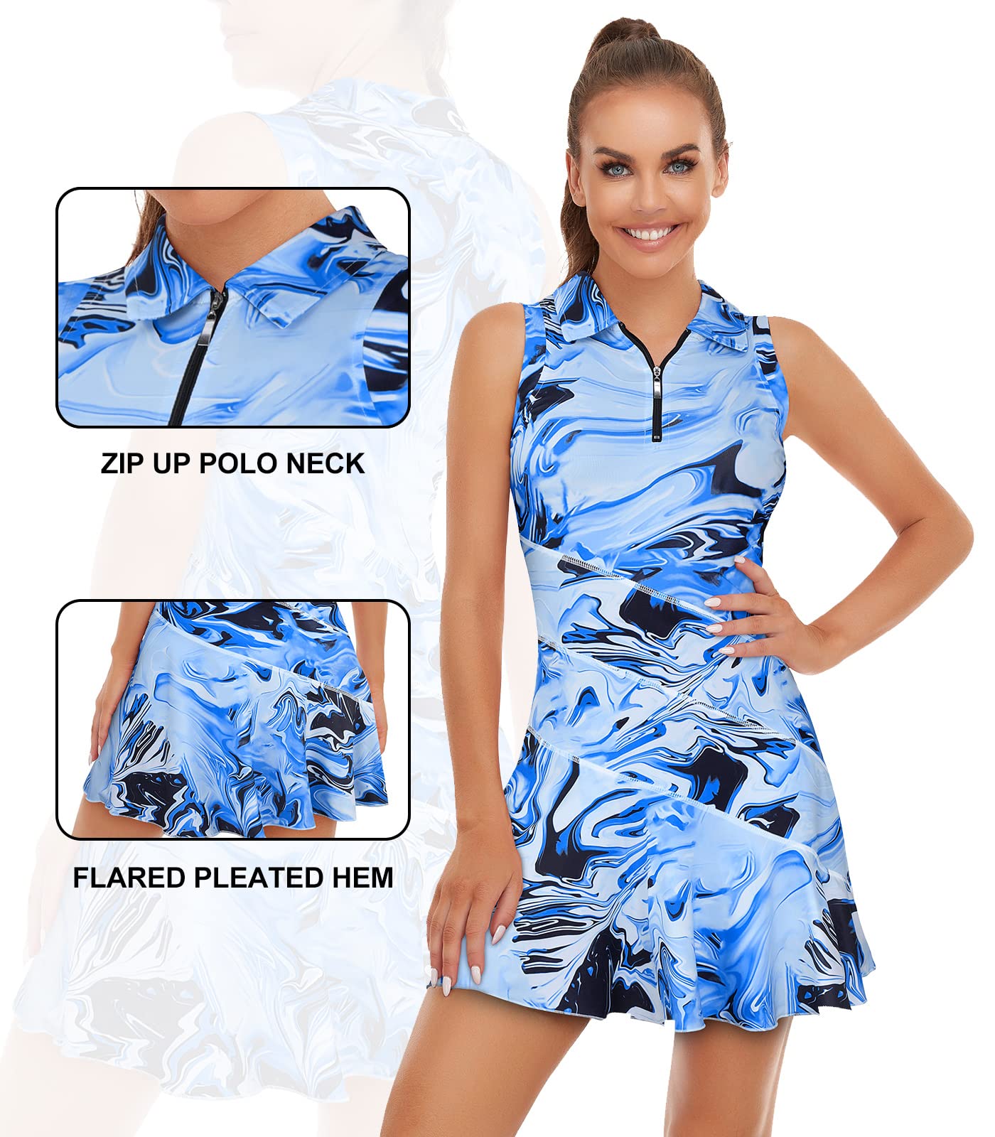 Misyula Tennis Dresses for Women,Athletic Dress with Shorts 2Pockets Zip Up Polo Sleeveless Golf Workout Dress Multi-Blue Medium